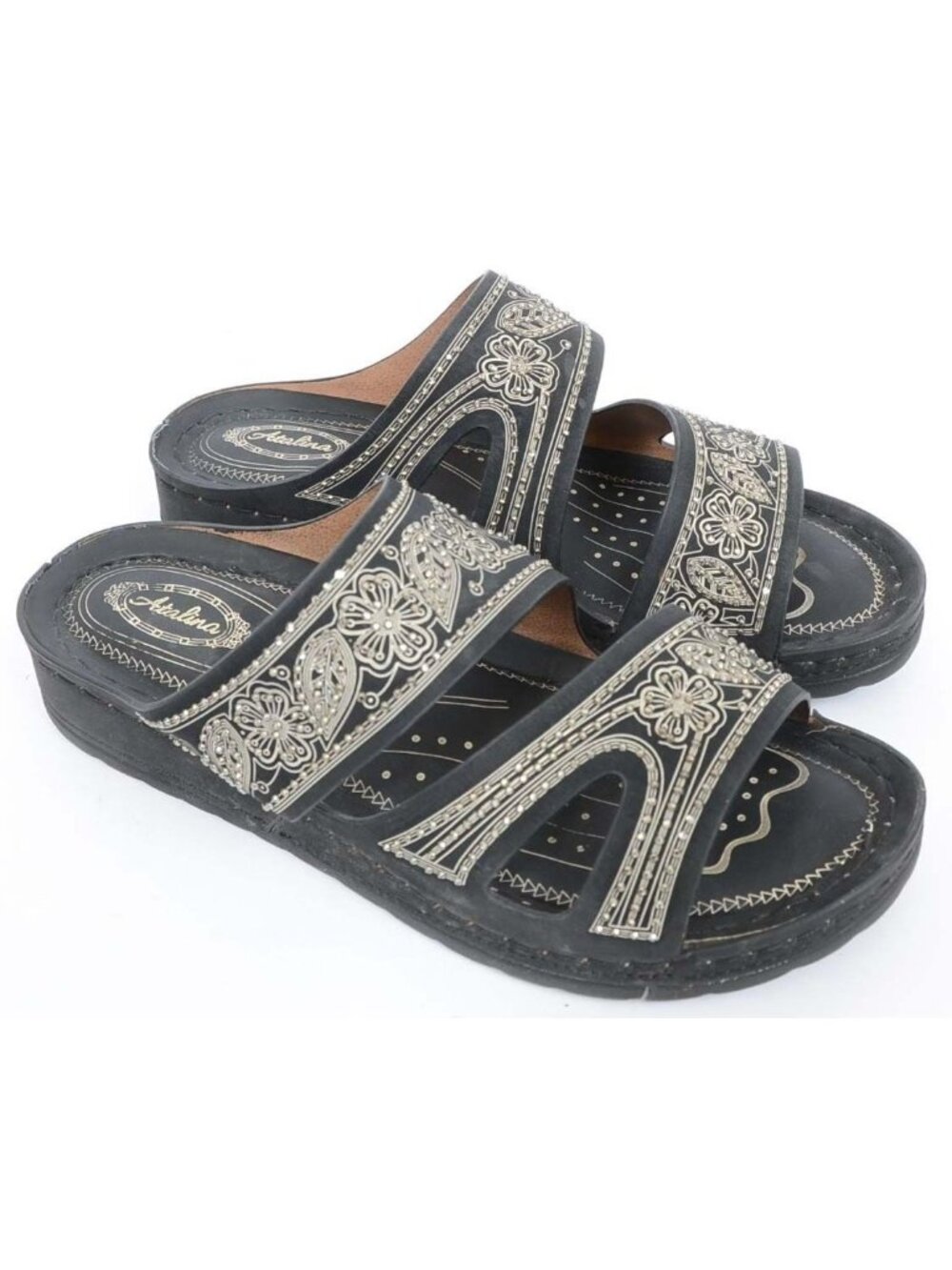 Atalina Rhinestone Floral Vegan Comfy Footbed Wedge Slide Sandals Hippie Size 7